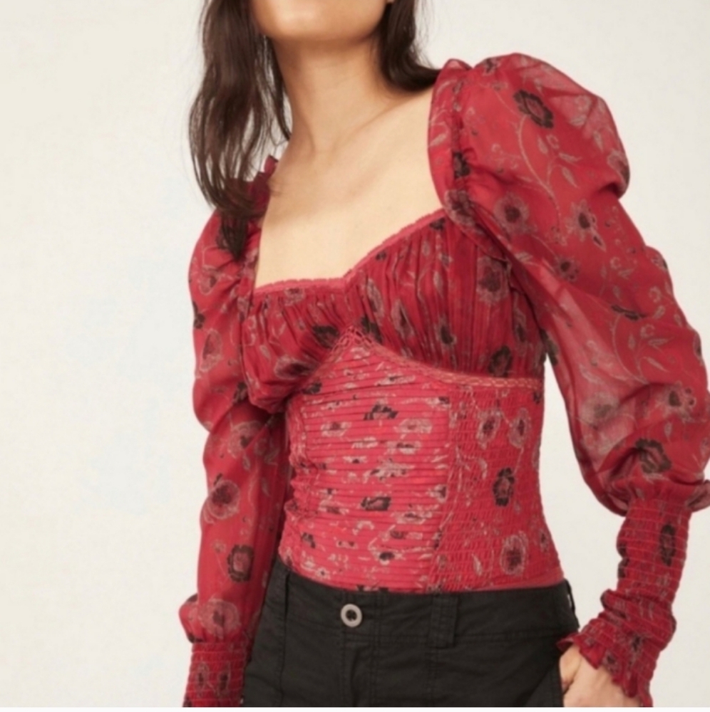 NWT Free People Brunch Date Bodysuit in Red Combo